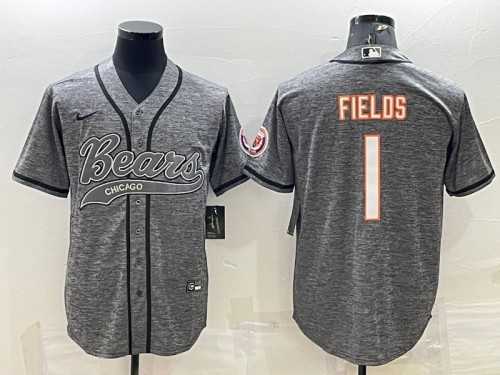 Mens Chicago Bears #1 Justin Fields Gray With Patch Cool Base Stitched Baseball Jersey